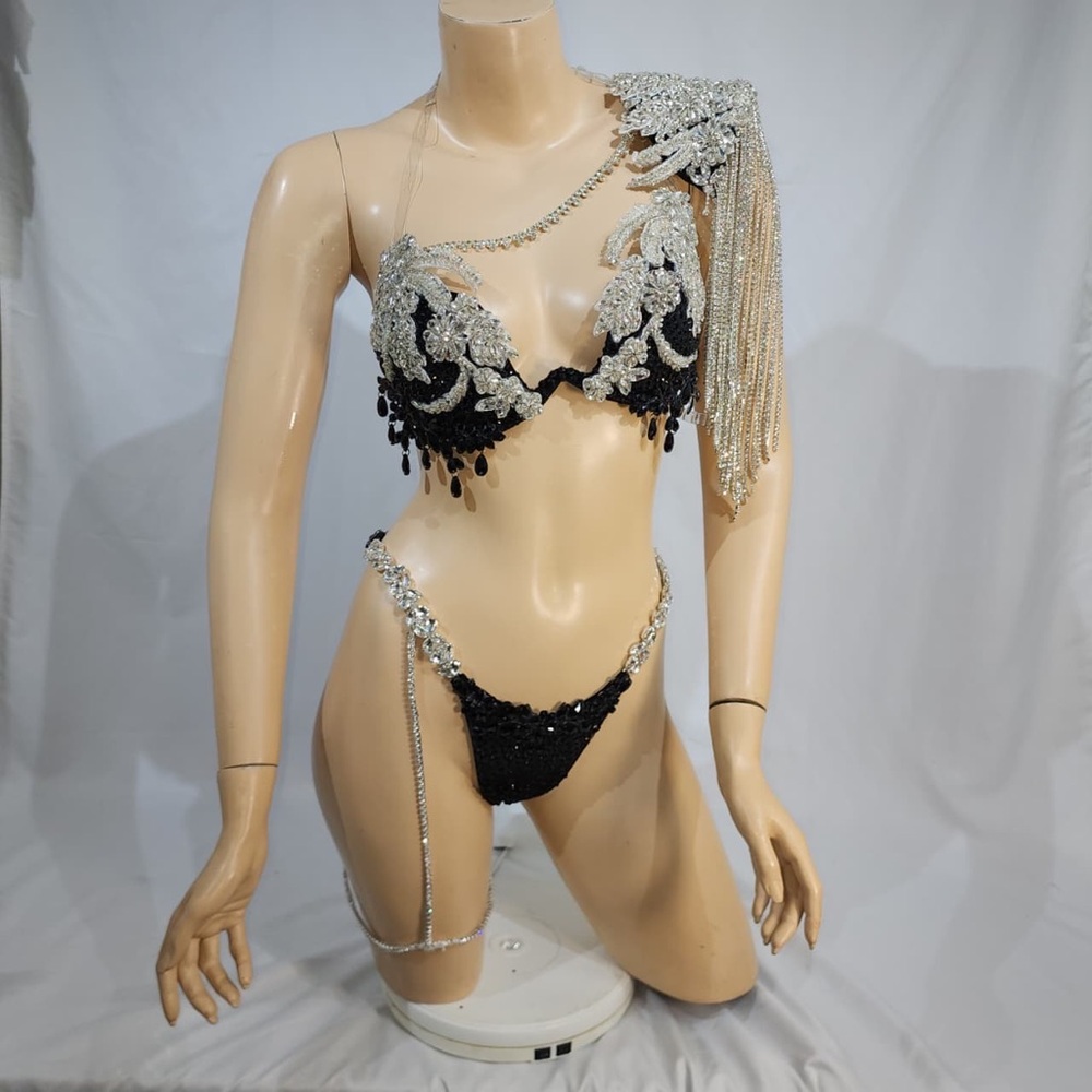 Silver and Black Beaded Lingerie Set
